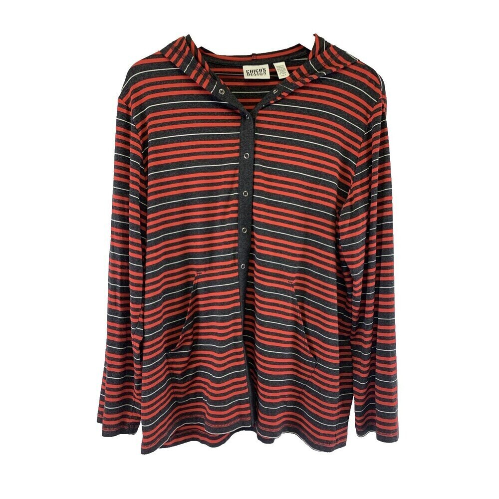 Chicos Design Full Snap‎ Hoodie Red Gray Striped Rayon Stretch Lightweight Large